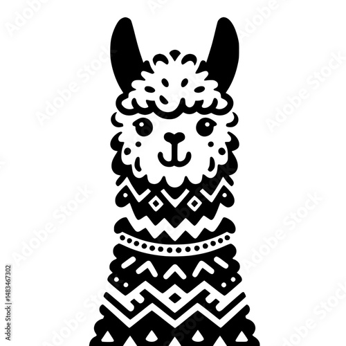 Black and White Illustrated Llama Head with Geometric Patterns