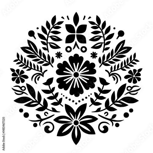 Bold Black Floral Mandala on White Background - Folk Art Style
