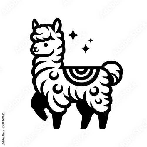Adorable Stylized Alpaca Illustration with Stars, Black and White Design