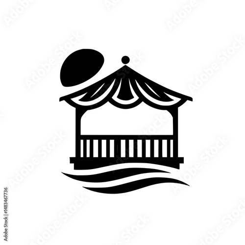 Minimalist Gazebo Logo, Water Feature, Black and White Design