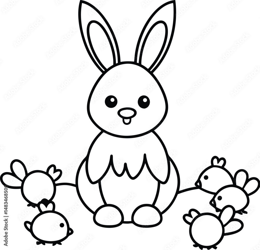 Obraz premium Cute Easter Bunny with Baby Chicks – Fun Coloring Page for Kids