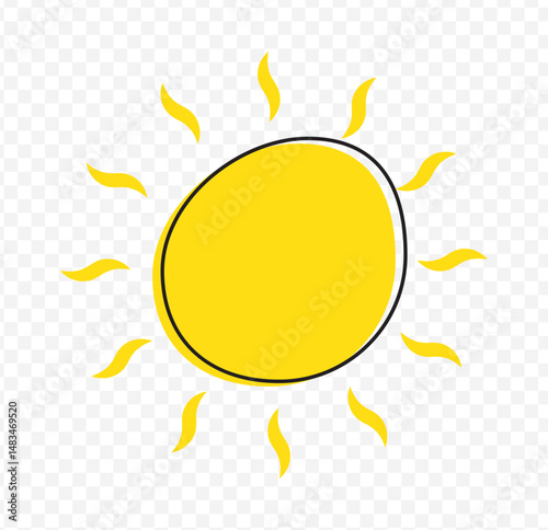 Hand drawn sun with rays flat icon. Hand draw cute sun illustration on Transparent Background. EPS 10.