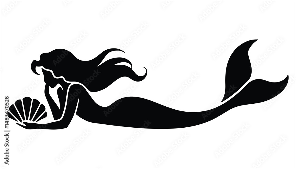 Fototapeta premium Mermaid Silhouette Vector Illustration with Shell in Hand
