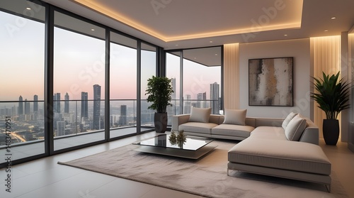 Modern luxury living room with panoramic glass windows, wooden floor, and cozy furniture in daylight.