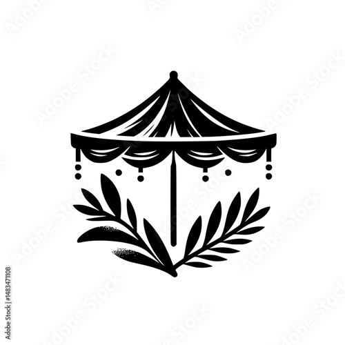Elegant Black & White Tent Logo with Foliage, Minimalist Design
