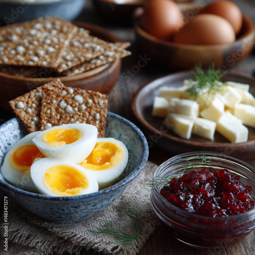 Nordic breakfast with hard-boiled eggs, crispbread, cheese, and lingonberry jam