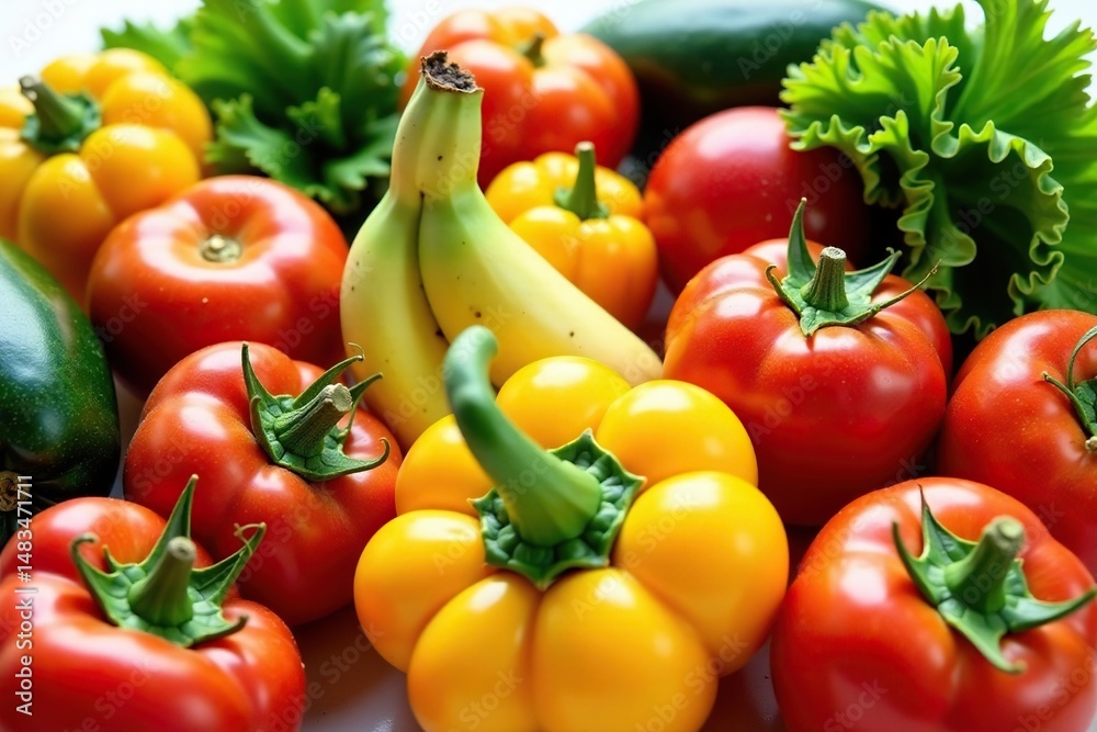 Variety of organic fruits & vegetables, isolated, minimal, detail, vegetarian Variety of organic fruits & vegetables, isolated, minimal, detail, vegetarian