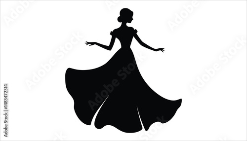 Elegant Woman Silhouette in Flowing Dress Vector Illustration,