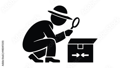 Inspector Icon Vector. Detective Silhouette with Magnifying Glass and Open Box Illustration.