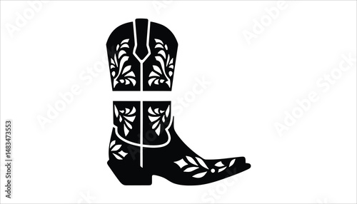 Cowboy Boot Silhouette Vector.  Western Rodeo Shoe with Vintage Decorative Design.