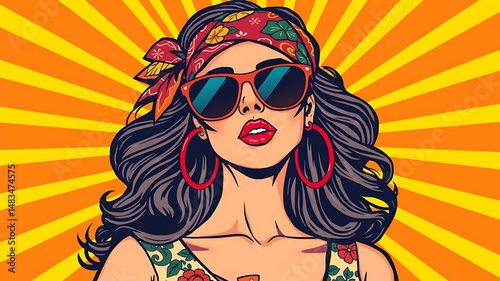 Pop art illustration of a woman with sunglasses and bandana in a retro style