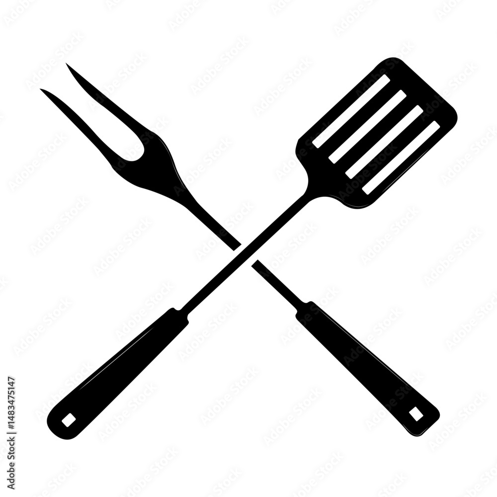 Fototapeta premium Grill spatula and fork. Tools for convenient and safe cooking over an open fire or grill. Picnics and barbecues.
