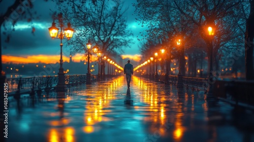 A solitary figure strolls a wet, illuminated promenade at dawn