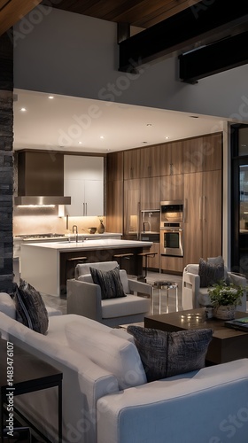 Gourmet kitchen with a living room captured in soft ambient lighting, showing modern architecture, detailed textures, and clean surroundings.