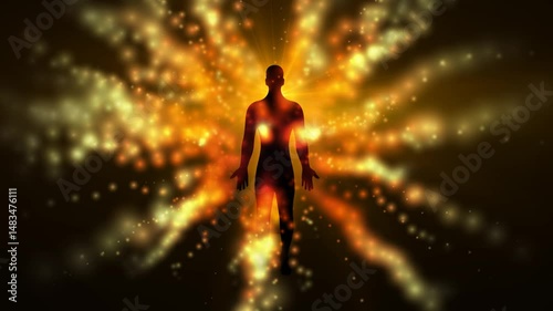 Silhouette of a standing person with particle effects