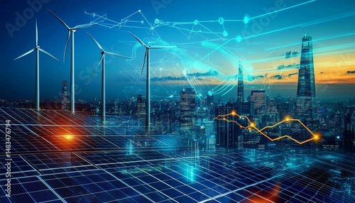 Exploring the transition to green energy through solar panels, wind turbines, and electric cars.