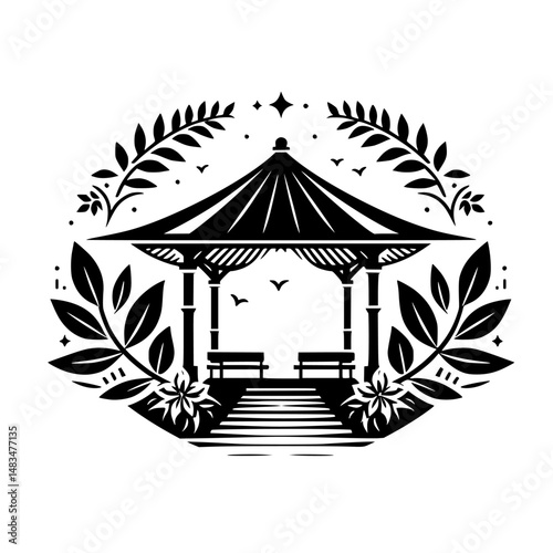 Elegant Black & White Park Gazebo Illustration