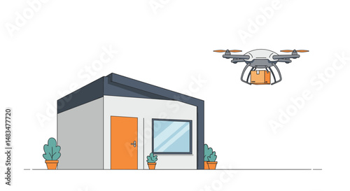 Drone flying above modern house with potted plants in foreground  