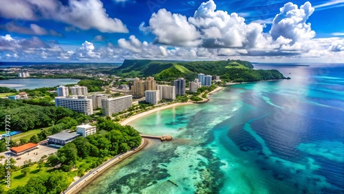 Aerial view of tumon bay guam featuring beachfront hotels and turquoise water