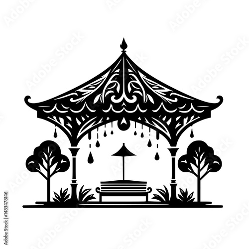 Intricate Black & White Park Gazebo Silhouette