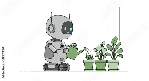 Robot watering plants with green watering can in home garden setting  