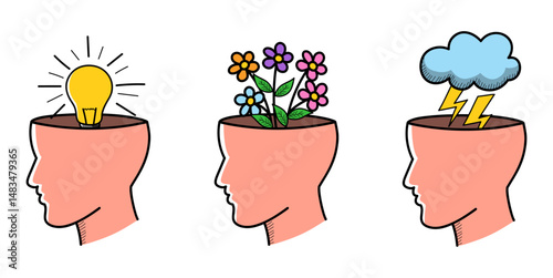 Mental health and emotions concept, brain with lightbulb, flowers, and storm cloud
