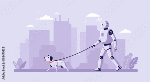 Robot walking a dog in a city environment with tall buildings  
