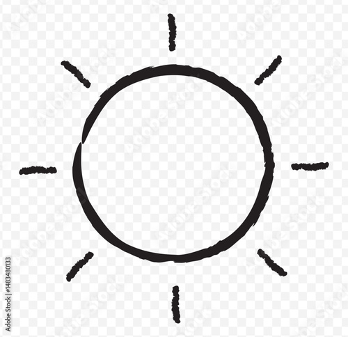 Scribble yellow sun with rays symbols. Doodle children drawings. Vector illustration isolated on Transparent Background. EPS 10.