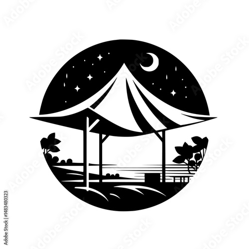 Scenic Gazebo Silhouette Under the Night Sky, Minimalist Vector