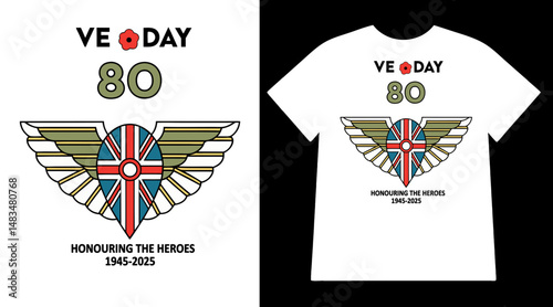 White t-shirt design commemorating VE Day 80 with British flag and military style wing emblem patriotic vintage inspired remembrance apparel for historical celebration