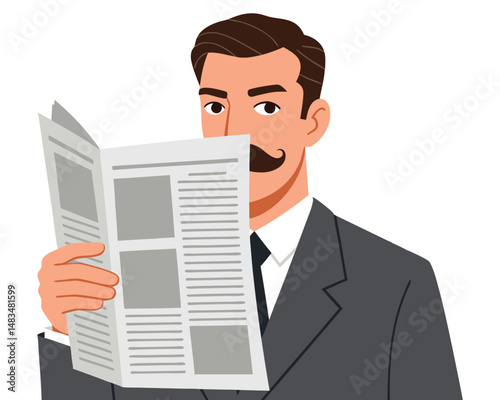 Mysterious Man in Suit Reading Newspaper with Mustache and Engaging Expression
