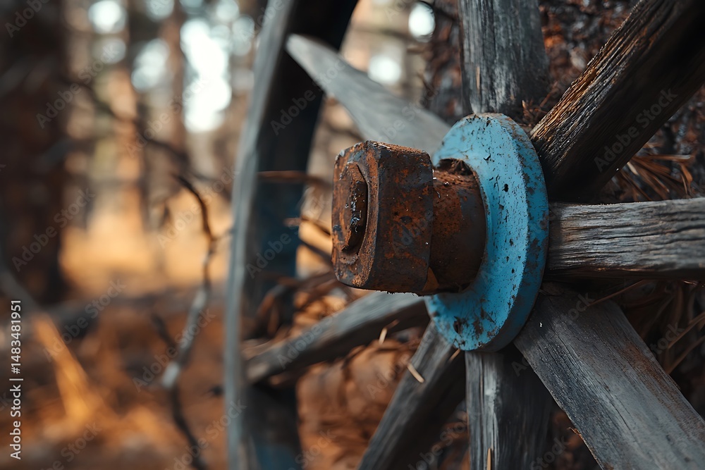 Rusty blue metal hub adorns the weathered wooden wheel amidst a blurred forest background Rusty blue metal hub adorns the weathered wooden wheel amidst a blurred forest background