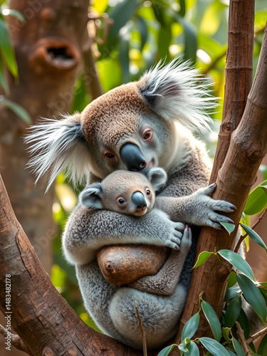 una mama koala abrazando a su cachorro recien nacido en la selva en su habitat adorables y maternales en una rama de arbol