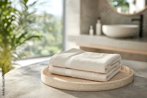 Two folded white towels arranged neatly on a wooden tray inside a modern bathroom