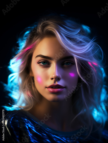 Young woman with glowing hair in artistic light portrait   photo
