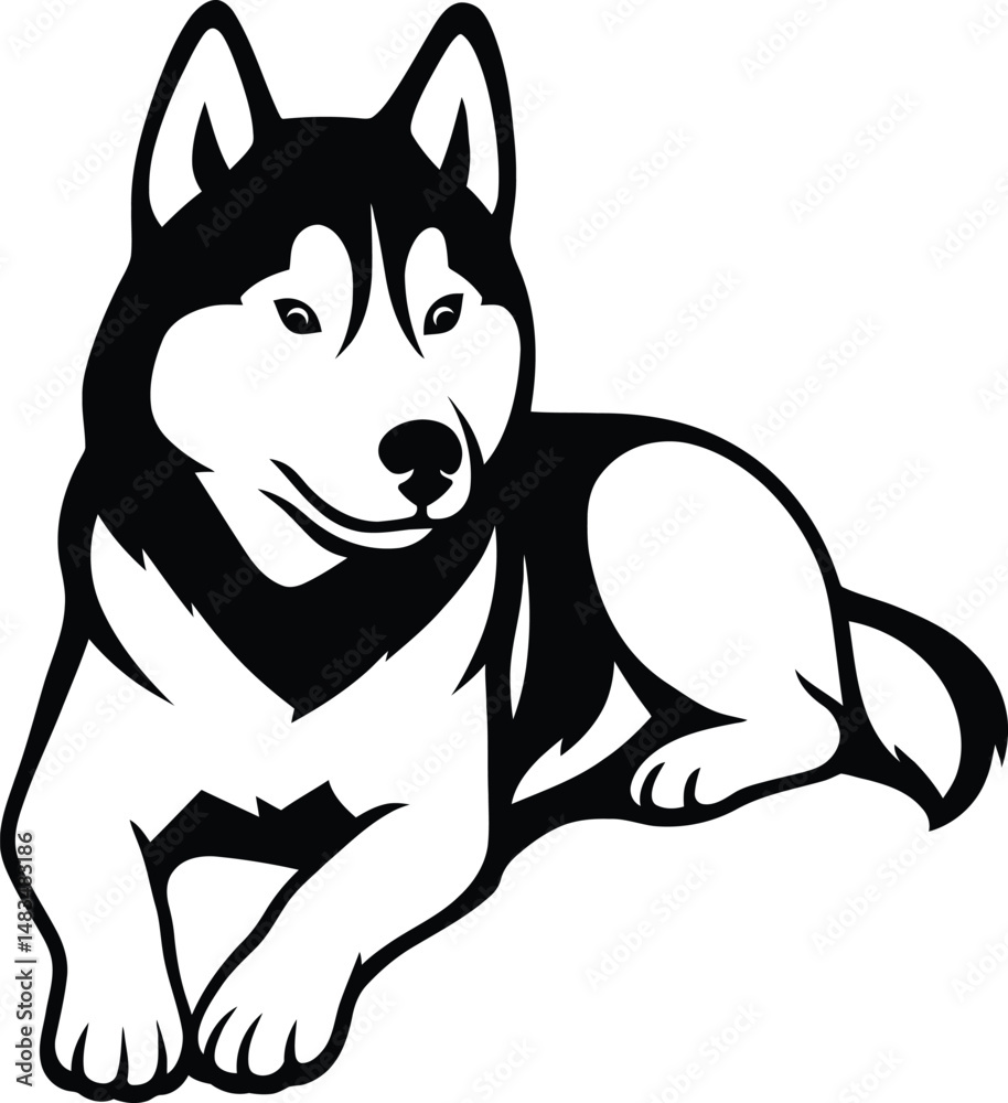 Relaxing Husky Dog Vector, Calm Black and White Dog Silhouette Relaxing Husky Dog Vector, Calm Black and White Dog Silhouette