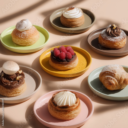 Modern gluten-free pastries arranged neatly on pastel plates