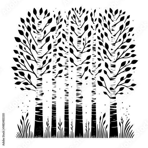 Black and White Birch Forest Silhouette, Nature Design