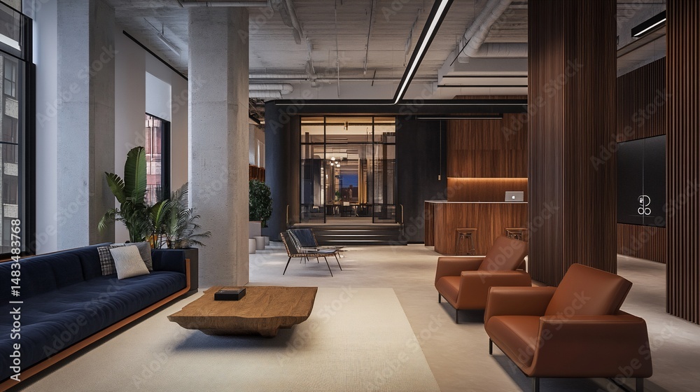 Fototapeta premium Modern industrial office lobby with exposed concrete columns, wood paneling, comfortable seating, and large windows.