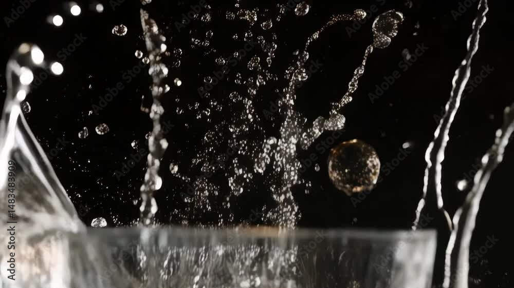 Liquid pours into a transparent glass, spilling out the sides in a splash against a dark background, creating dynamic water motion.