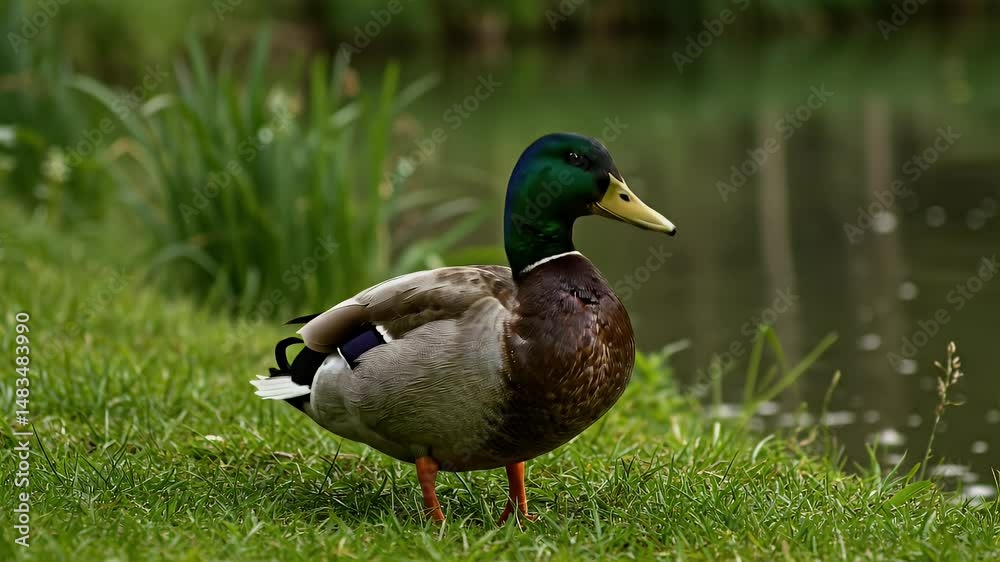 Mallard duck standing near the pond. Mallard duck standing near the pond.