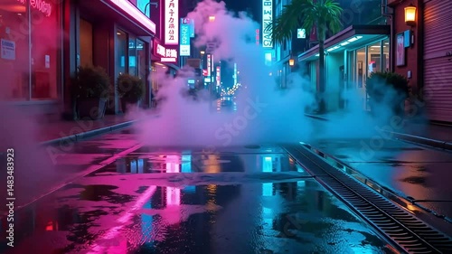 A mesmerizing nighttime streetscape reveals a vibrant city alley bathed in neon lights reflecting on a rain-slicked street a captivating urban scene of illuminated storefronts and atmospheric fog.
