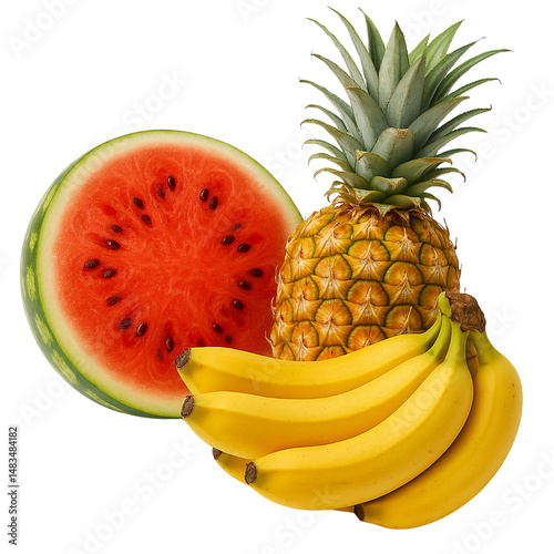 Tropical Fruits: A vibrant still life showcasing the freshness and succulence of a ripe watermelon, pineapple, and bananas, isolated on transparent or white background png