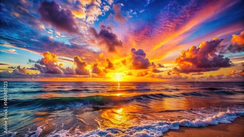 Stunning coastal sunset over the ocean with vibrant hues and dramatic cloud formations