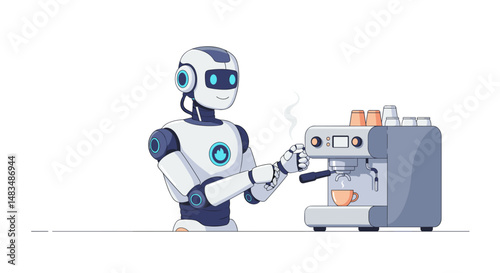 Robot preparing coffee with espresso machine in modern kitchen  