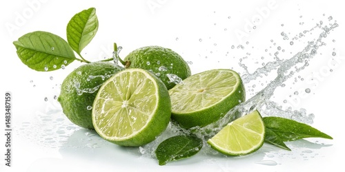 Refreshing Limes in Water Splash Composition of Juicy Citrus Fruits, Close-up Photography, Vibrant Green, Water Droplets Lime, Citrus