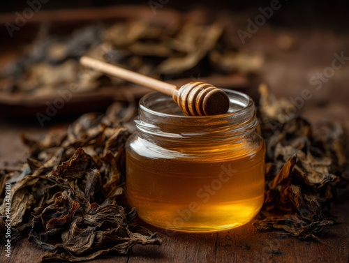 Close-up of golden honey jar with wooden dipper surrounded by dried leaves.