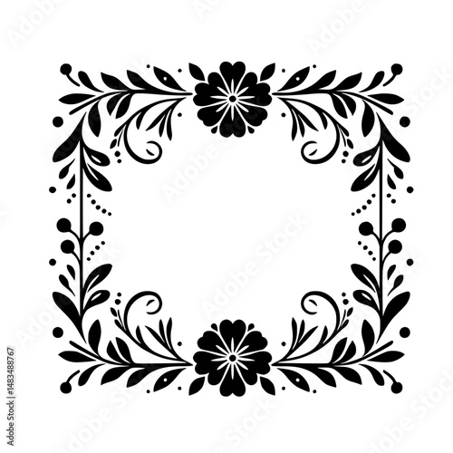 Elegant Floral Frame in Black and White: Decorative Border Element
