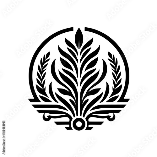 Elegant Black & White Floral Crest Design, Vector Illustration