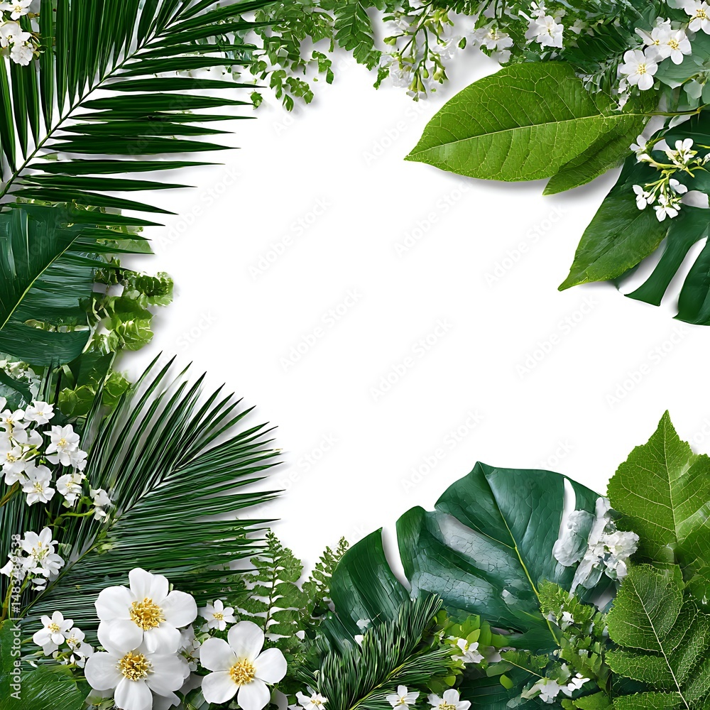 Fototapeta premium A border arrangement of various tropical green leaves and a few white flowers, isolated against a clean white background